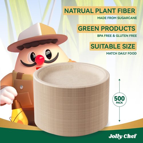 JOLLY CHEF Compostable Heavy Duty Plates 𝟭𝟬 𝗜𝗻𝗰𝗵 [𝟱𝟬𝟬 𝗣𝗮𝗰𝗸] Eco-Friendly Disposable Paper Plates Natural Bagasse Biodegradable Sugarcane Bulk for Party Hot Cold Dinner Christmas (Brown)
