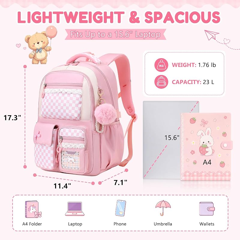 Kids School Backpack for Girls 6-14 Pink Checkerboard Variation: Pink Checkerboard