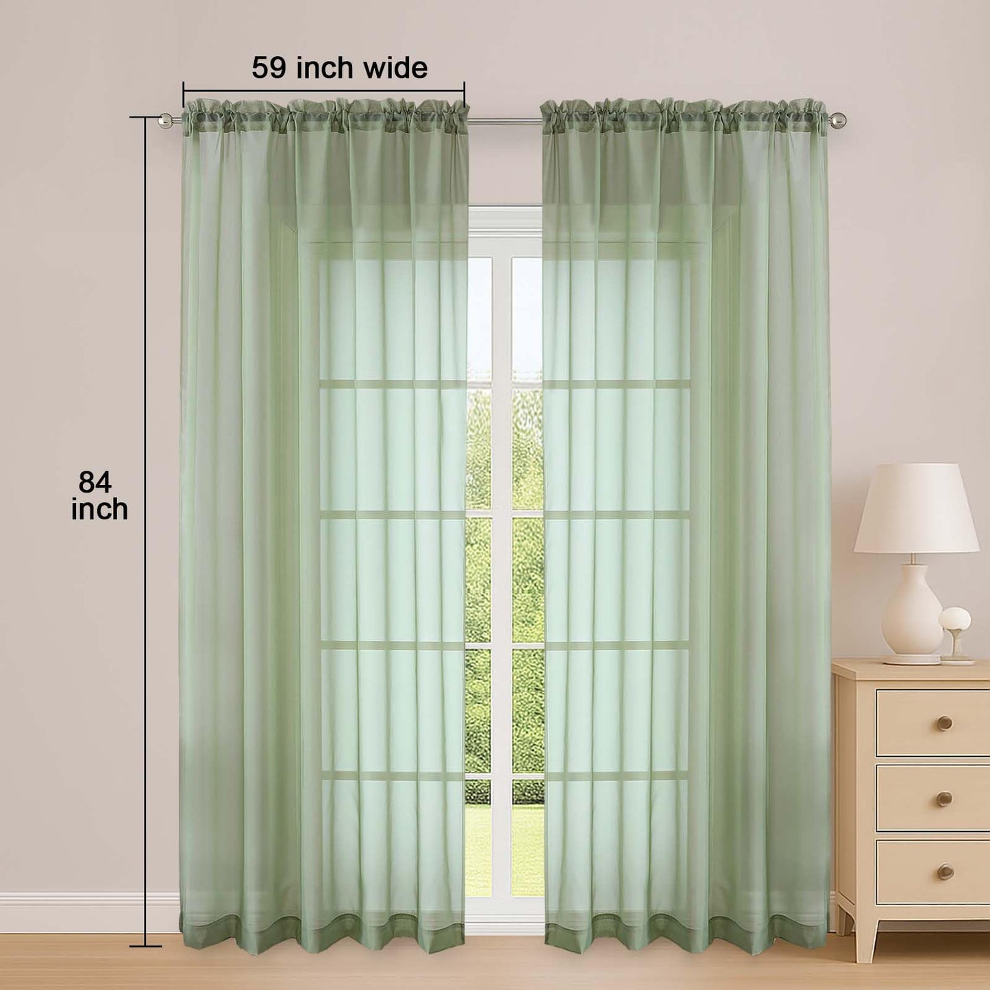 OWENIE Sheer Curtains 84 Inches Long 2 Panels Set, Sage Green Sheer Curtain for Living Room Bedroom, Modern Filmy Rod Pocket Curtains Drapes, 2 Pcs, Each 59 W x 84L, Sage Green
