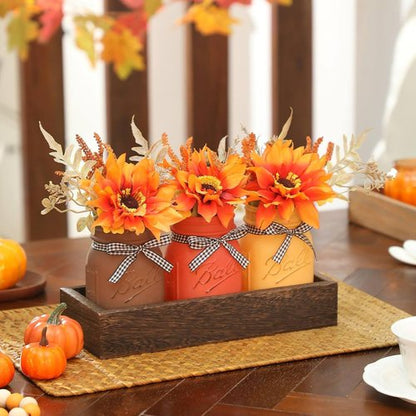 Fall Mason Jar Centerpiece | Set of 3 Decorative Jars with Artificial Flowers for Thanksgiving