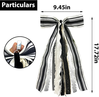 Skiennix Large White & Black Stripe Bow - Burlap Fabric Ribbon Set for Wreath Decor
