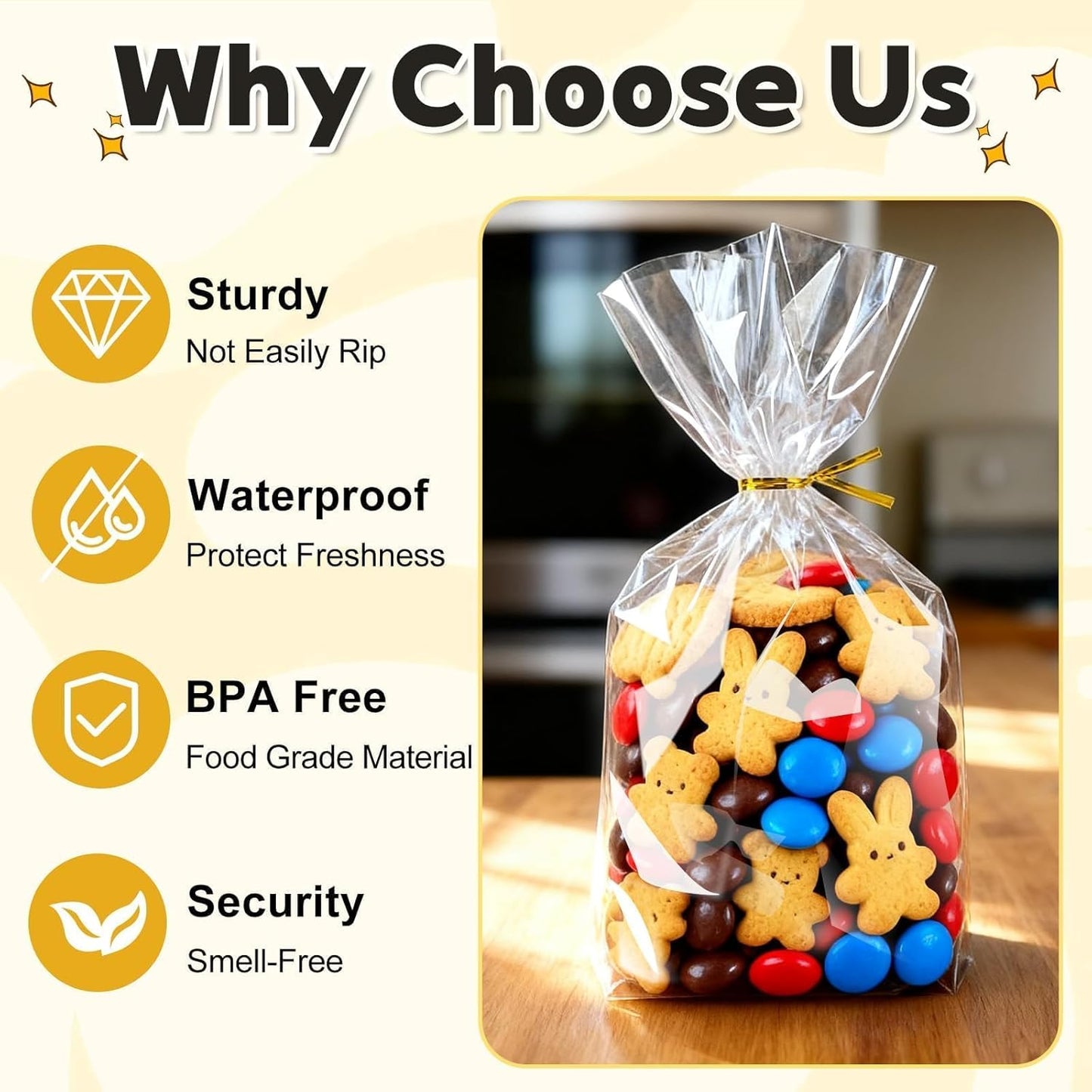 PigPotParty Cellophane Treat Bags 6x9 Inch, 50 Pack Clear Goodie Bags with Bottom Gusset for Stand-Up Display, Small Plastic Gift Wrap for Cookies, Candy, Party Favors, Popcorn, Includes 50 Gold Ties