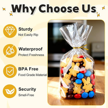 PigPotParty Cellophane Treat Bags 6x9 Inch, 50 Pack Clear Goodie Bags with Bottom Gusset for Stand-Up Display, Small Plastic Gift Wrap for Cookies, Candy, Party Favors, Popcorn, Includes 50 Gold Ties