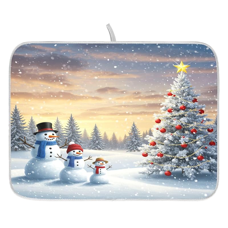 Christmas Tree and Snowman Dish Drying Mat - 18 x 16 Inch, Absorbent Microfiber Pad