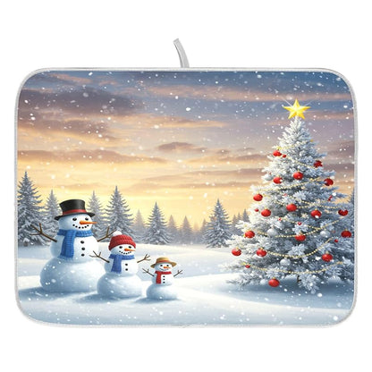 Christmas Tree and Snowman Dish Drying Mat - 18 x 16 Inch, Absorbent Microfiber Pad