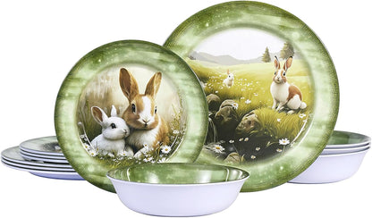 Skiennix 12-Piece Melamine Dinnerware Set - Lightweight Shatterproof Plates & Bowls for 4 | Green Bunny Design, Ideal for Outdoor Use