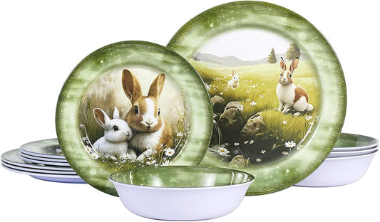 Skiennix 12-Piece Melamine Dinnerware Set - Lightweight Shatterproof Plates & Bowls for 4 | Green Bunny Design, Ideal for Outdoor Use