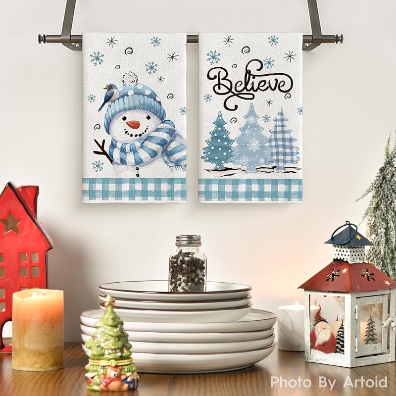 Artoid Mode Blue Beige Snowman Christmas Kitchen Towels, Set of 2 18x26 Inches