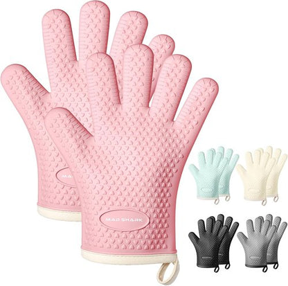 MAD SHARK Silicone Oven Mitts - Heat Resistant 450°F | Waterproof, Non-Slip, Cotton Lined - Pink