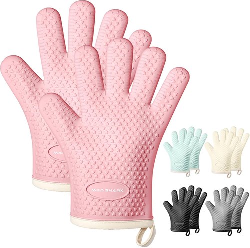MAD SHARK Silicone Oven Mitts - Heat Resistant 450°F | Waterproof, Non-Slip, Cotton Lined - Pink