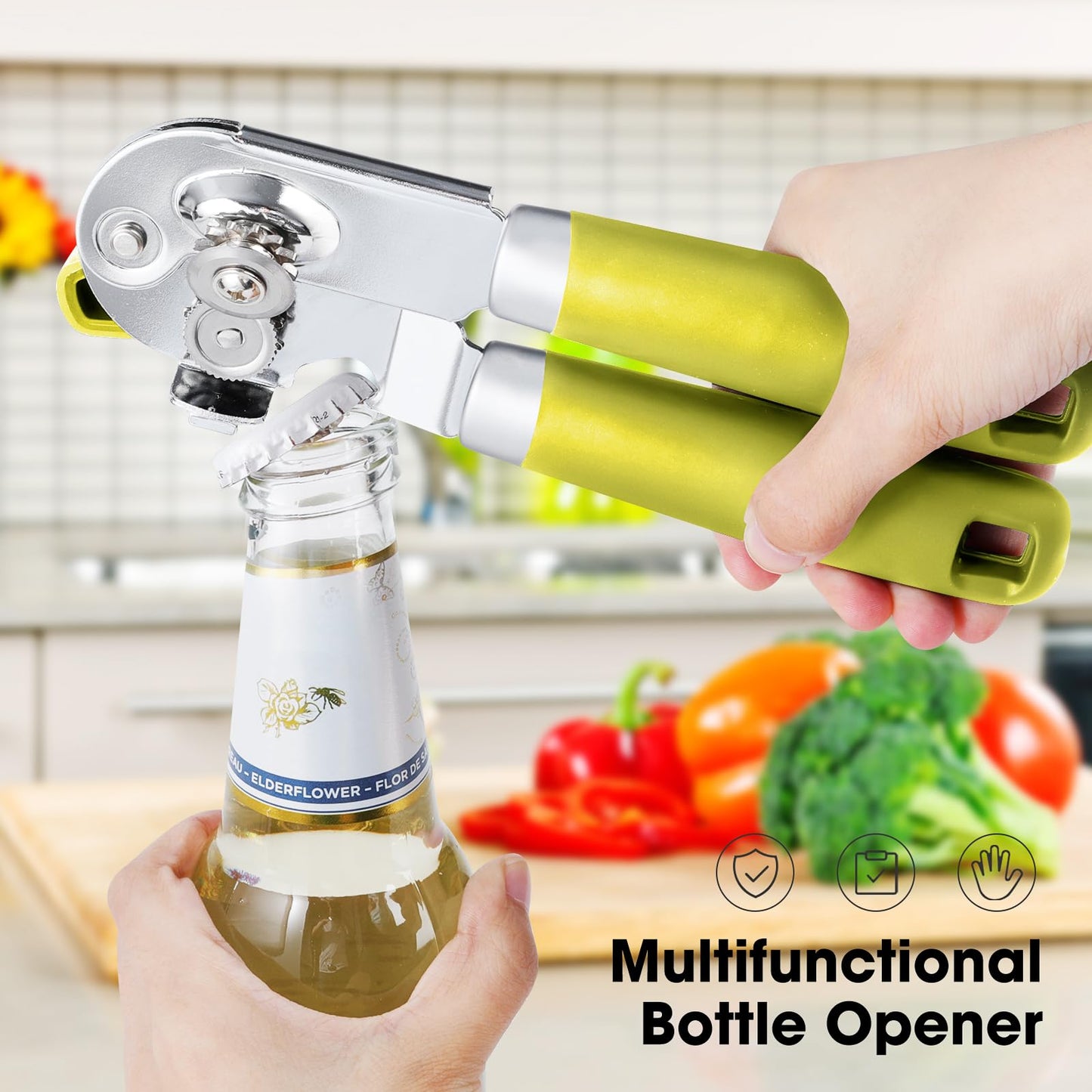 Can Opener Manual, Can Opener with Magnet, Hand Can Opener with Sharp Blade Smooth Edge, Handheld Can Openers with Big Effort-Saving Knob, Can Opener with Multifunctional Bottles Opener, Lime Green