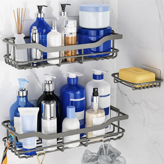 OMAIRA Shower Caddy - 3-Pack Adhesive Rustproof Organizer for Smooth Walls & Glass Tiles - Grey (X-Large)