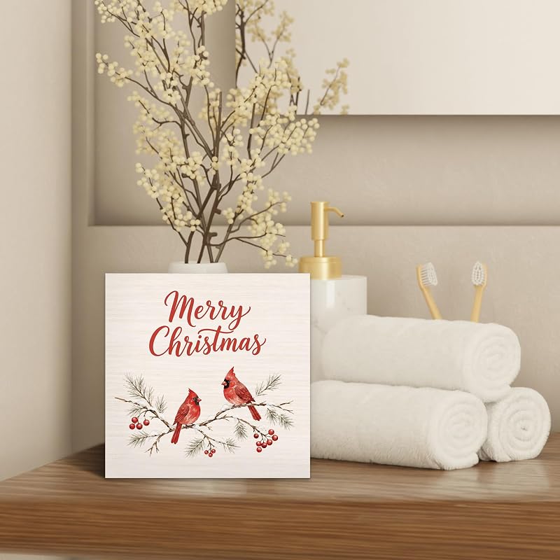 Winter Cardinal Desk Box Sign - 5x5 in Christmas Wood Decor, Variation of THIS listing: Cardinals 02