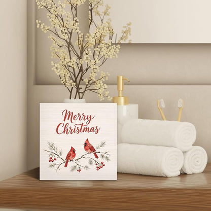 Winter Cardinal Desk Box Sign - 5x5 in Christmas Wood Decor, Variation of THIS listing: Cardinals 02