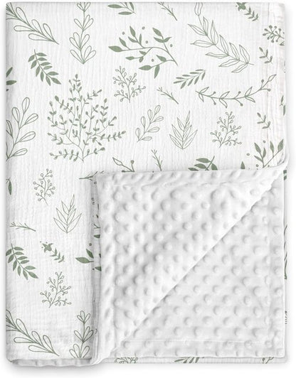 GLLQUEN Baby Blanket - Soft Muslin Cotton Front with Dotted Fleece Backing | Unisex Greenery 30 x 40 Inches