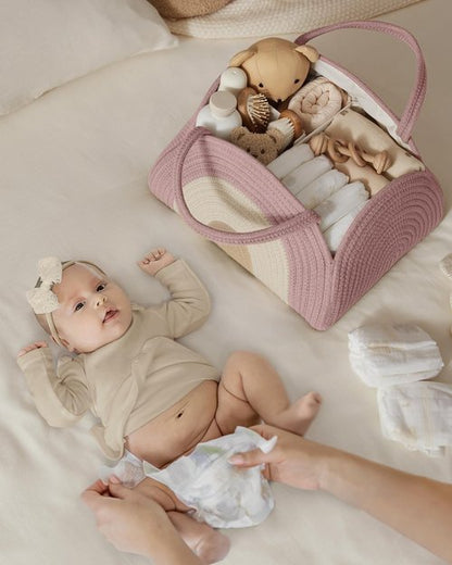 Blissful Diary Baby Diaper Caddy Organizer - Large Cotton Rope Storage Basket for Newborns | Blush Rainbow