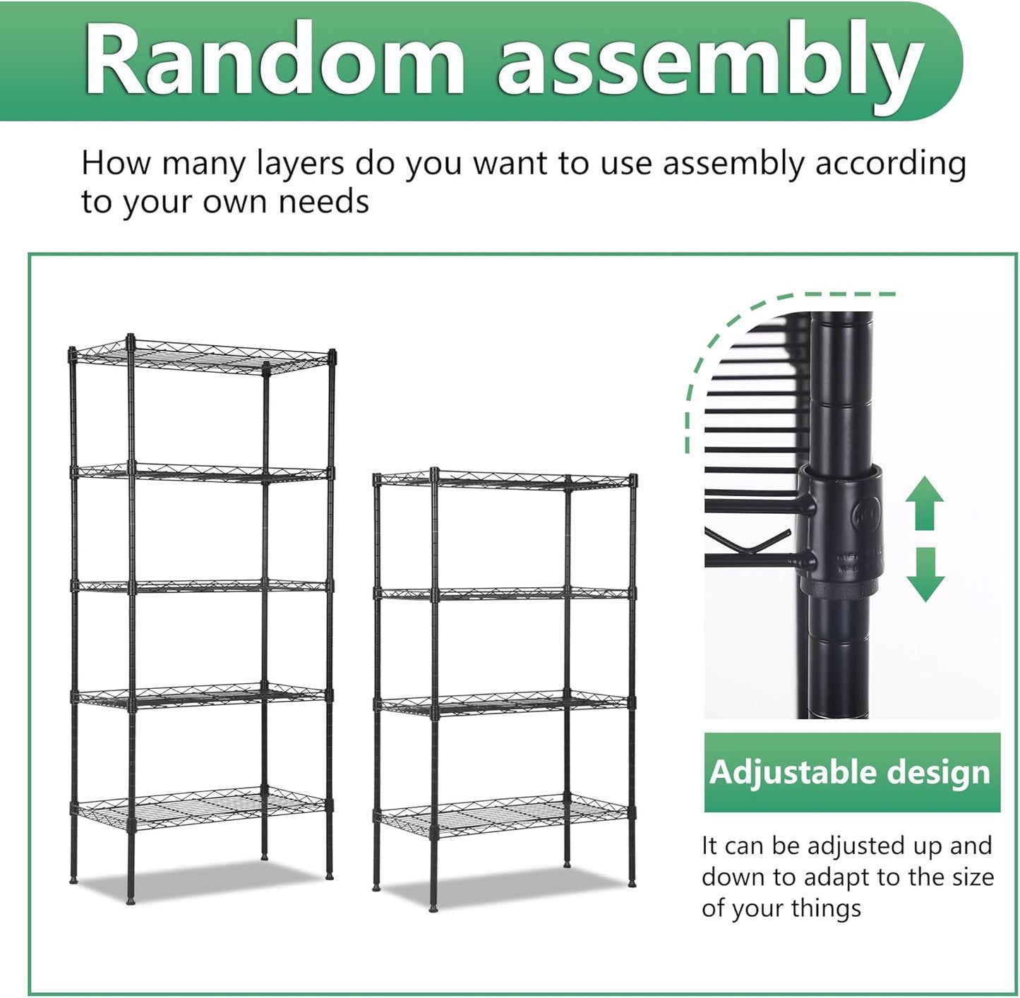 BestOffice 5-Tier Wire Storage Shelves - Heavy-Duty Metal | Adjustable Racks | 22x12x48 | Black | Holds Up to 750 lbs | No-Tool Assembly for Home & Garage