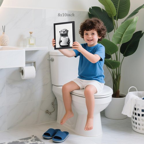 LLEEMPI Funny Bathroom Wall Art - Otter Holding Toilet Paper Canvas Print | Modern Minimalist 8x10 Inch