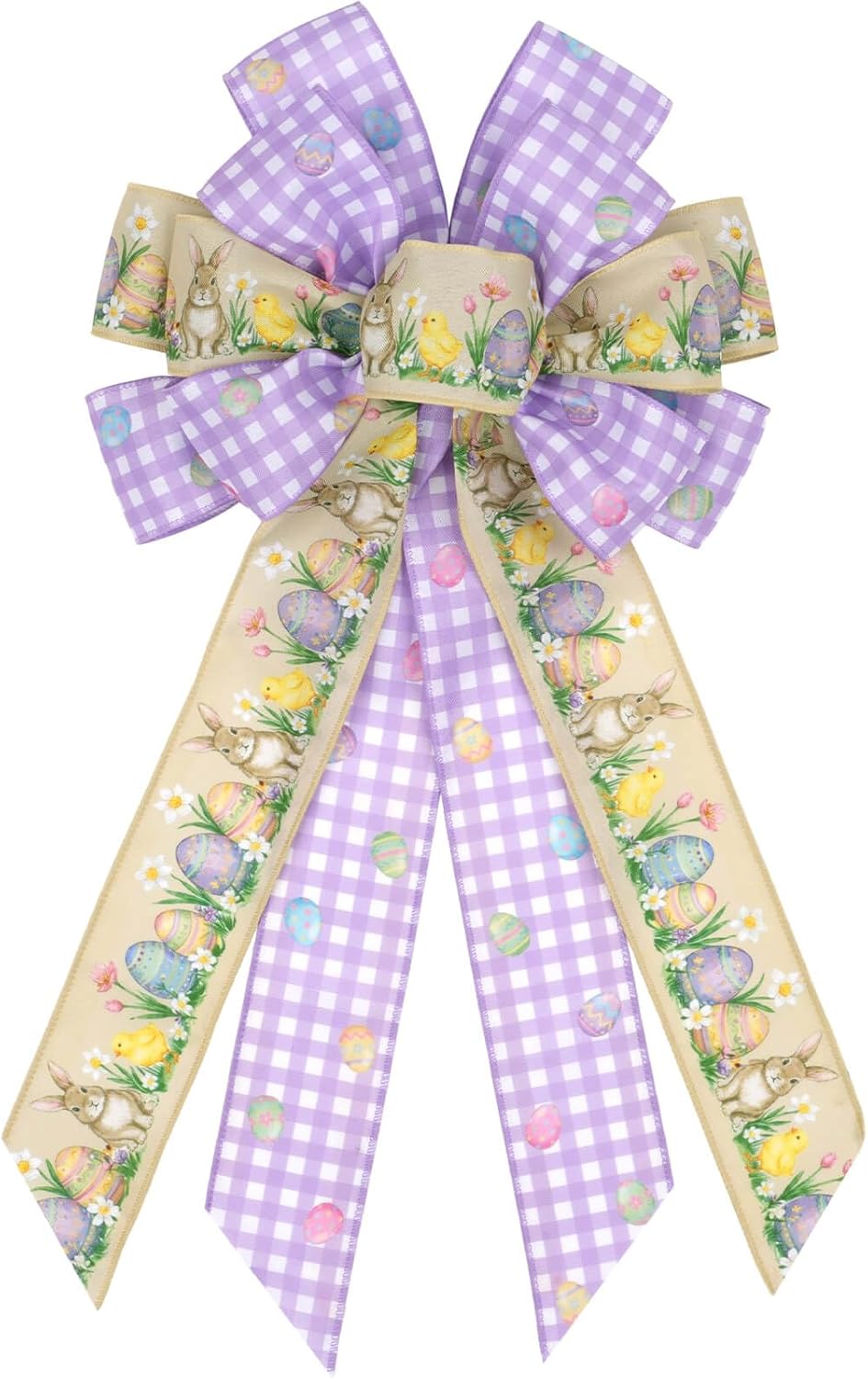 Purple Gingham Easter Bunny Wreath Bow - 21 Inch Large Wired Ribbon for Front Door & Spring Decor