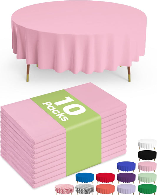 Pureegg Disposable Plastic Table Cloths - 84'' Round, Leakproof & Sturdy, Perfect for Easter and Mother's Day - 10 Pack, Pastel Pink