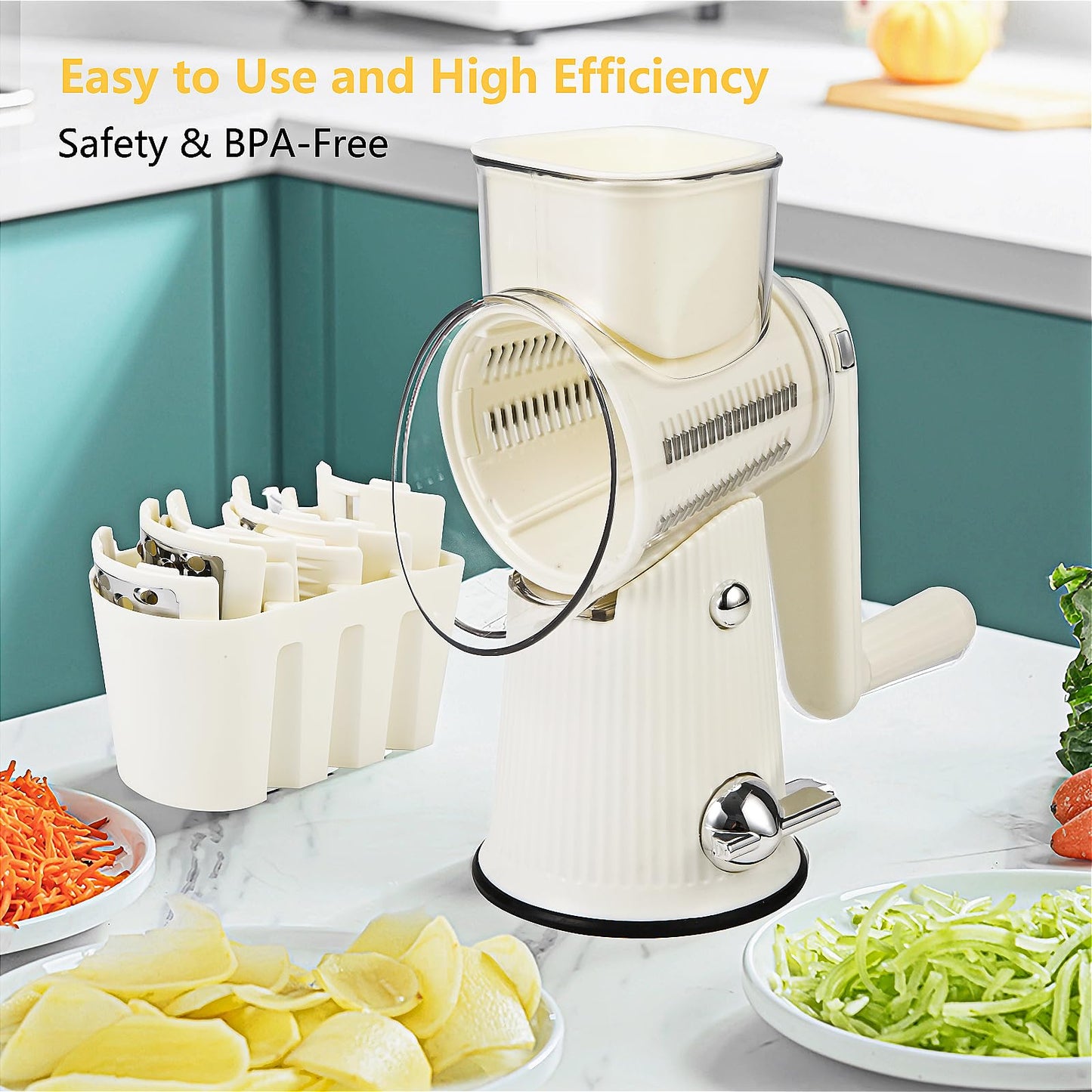 PDAENLKY Rotary Cheese Grater with Handle, 5-in-1 Cheese Grater Hand Crank, Strong Suction Base, White