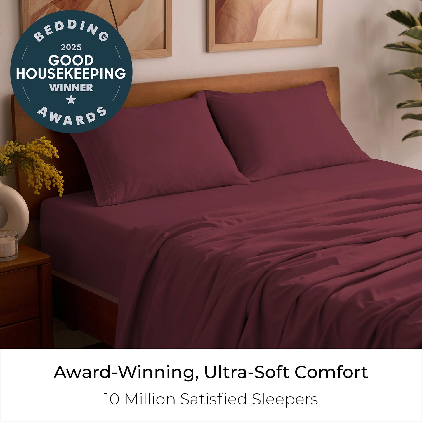 Mellanni Queen Sheets Set - 4 PC Iconic Collection Bedding - Hotel Luxury, Extra Soft, Cooling Bed Sheets - Wrinkle, Fade, Stain Resistant (Queen, Burgundy)