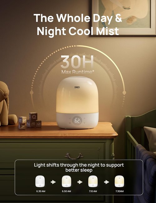 DREO Humidifier for Bedroom - Ultra Quiet 28dB Cool Mist with 30H Runtime & RGB Night Light | Perfect for Baby & Nursery