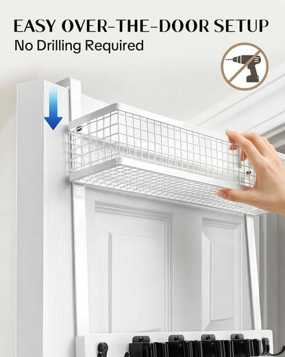 Lorbro Over The Door Broom Holder - No-Drill Wooden Mop Organizer with 4 Grips & 2 Hooks | Ideal for Laundry Room & Garage