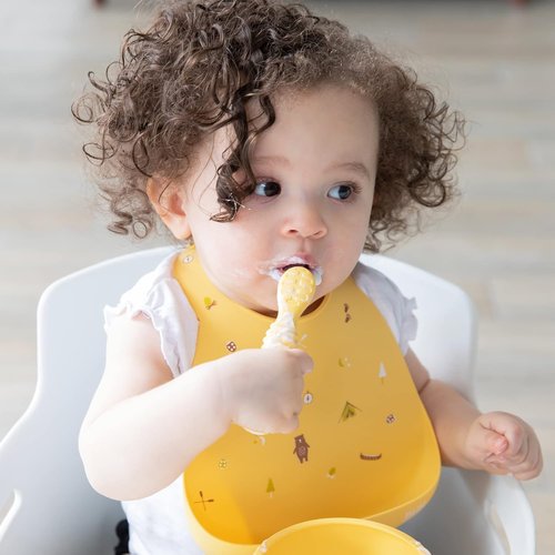 Bumkins Silicone Baby Utensil Set - Soft Tip Trainer Spoons for Self-Feeding | 3-Pack in Red & Yellow
