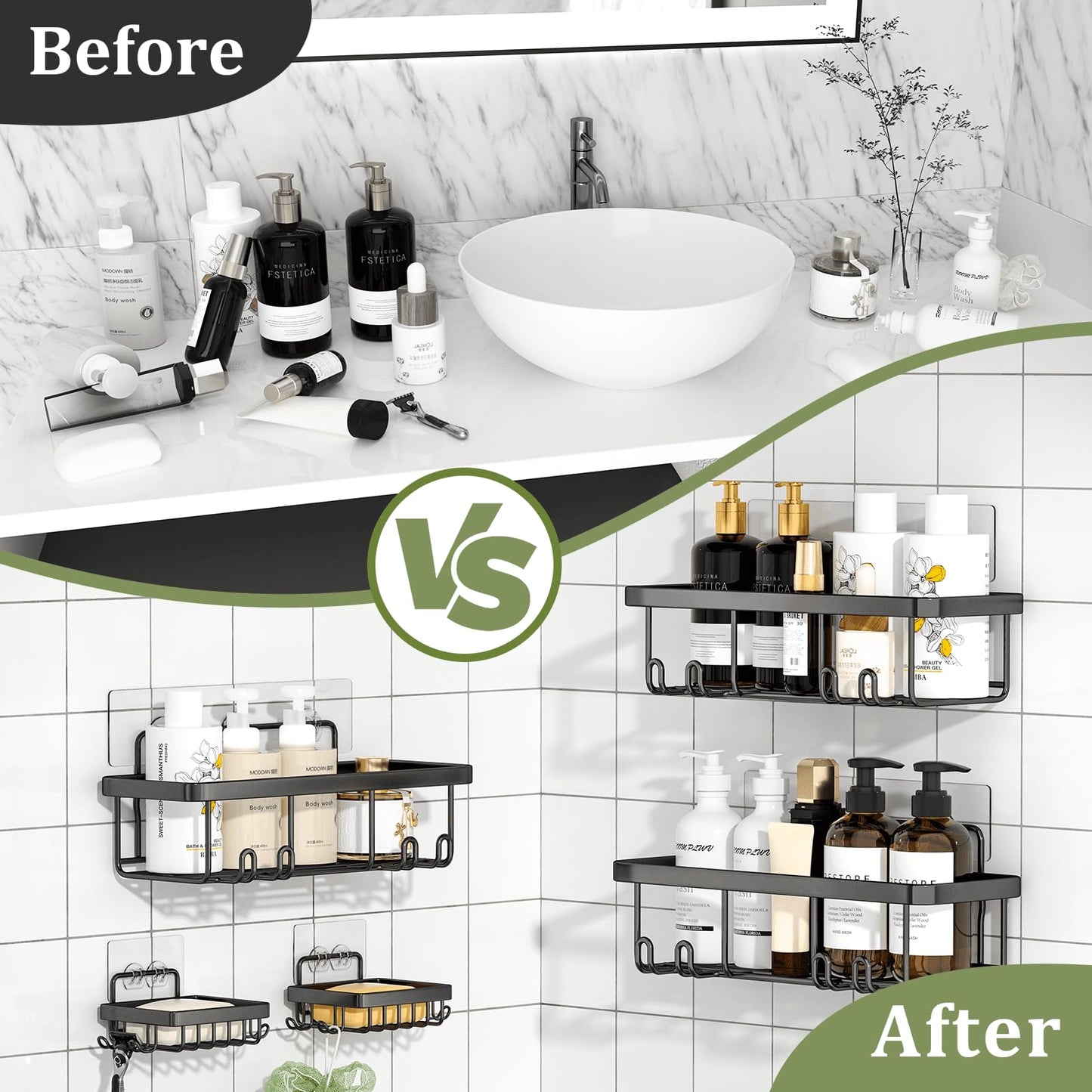 Ymozto Adhesive Shower Caddy,5 Pack Rustproof Stainless Steel Bathroom Organizers and Storage,Large Capacity Bathroom Shower Organizer,No Drilling Shelves for Storage & Home Decor,Black