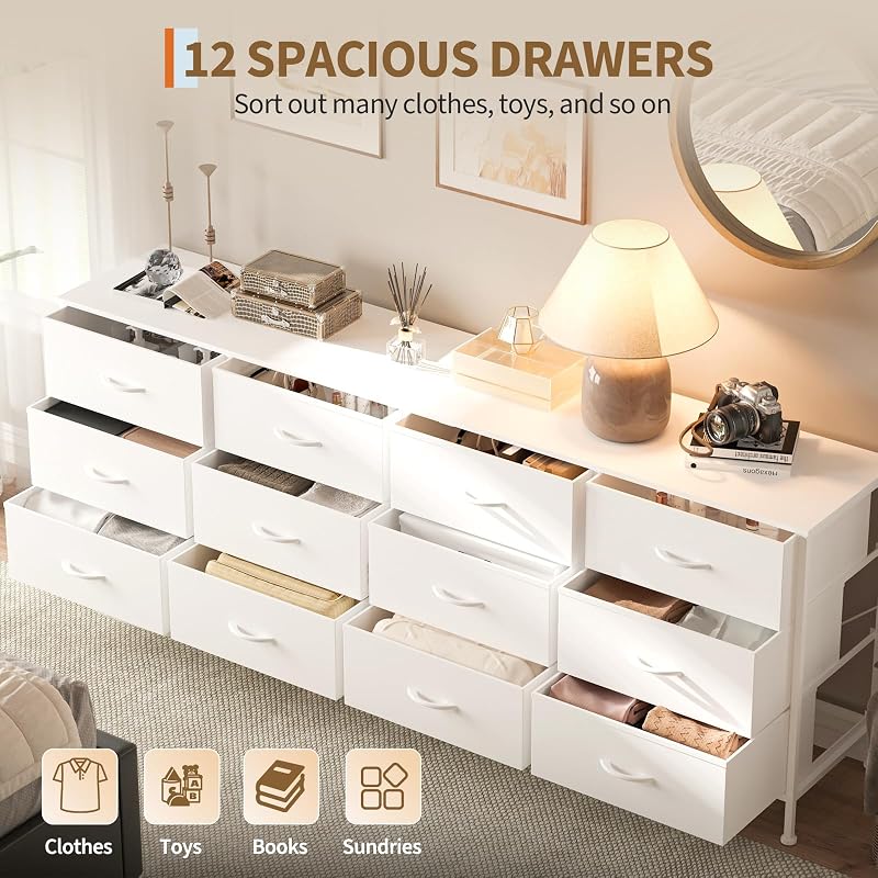 12-Drawer Long Fabric Dresser Wide Storage Chest TV Stand - White