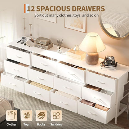 12-Drawer Long Fabric Dresser Wide Storage Chest TV Stand - White