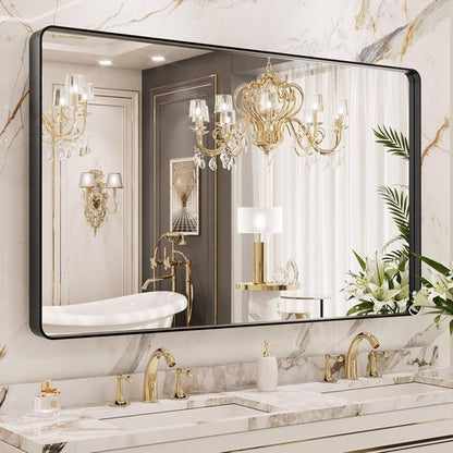 LOAAO Black Metal Framed Bathroom Mirror - 50x30 Inch Large Rounded Rectangle, Anti-Rust Tempered Glass, Versatile Hanging Options