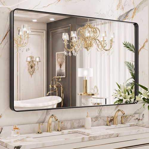 LOAAO Black Metal Framed Bathroom Mirror - 50x30 Inch Large Rounded Rectangle, Anti-Rust Tempered Glass, Versatile Hanging Options