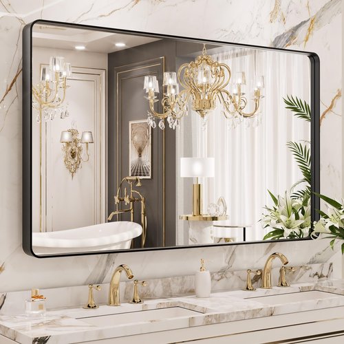 LOAAO 50X30 Inch Black Metal Framed Bathroom Mirror for Wall, Matte Black Bathroom Vanity Mirror Farmhouse, Large Rounded Rectangle Mirror, Anti-Rust, Tempered Glass, Hangs Horizontally or Vertically