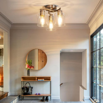 Doltoro Brushed Nickel Ceiling Light Fixtures, 3-Light Kitchen Light Fixture, Modern Flush Mount Ceiling Light Mount with Clear Glass Shade for Foyer Stairs Hallway Entryway Bedroom