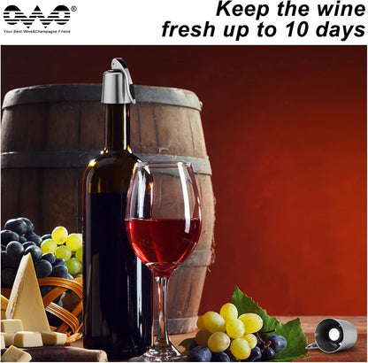 OWO Stainless Steel Wine Bottle Stopper, Reusable Wine Saver with Silicone Seal, Decorative Bottle Sealer, Keeps Fresh (Silver, 2 Pack)