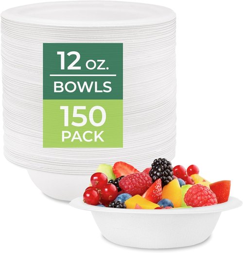 Freshware Paper Bowls - 12 oz. Biodegradable Soup Bowls | 150-Pack Heavy Duty Bagasse Dinnerware