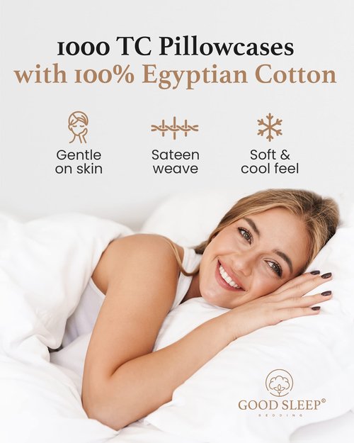 1000 TC White Standard Pillowcases Set of 4 100% Egyptian Cotton Pillow Cases with Long Staple Cotton & Sateen Weave, Silky Soft Hotel - Like Bed Pillow Covers for Comfy Sleeping, Snug Fit