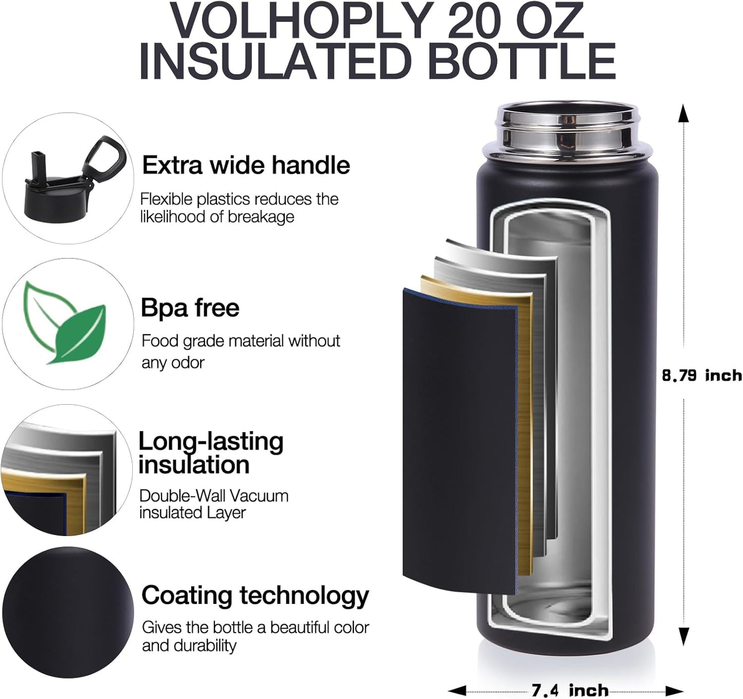 Volhoply 20oz Insulated Stainless Steel Water Bottle - Kids Wide Mouth with Straw Lid & Handle | Black
