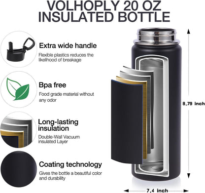 Volhoply 20oz Insulated Stainless Steel Water Bottle - Kids Wide Mouth with Straw Lid & Handle | Black
