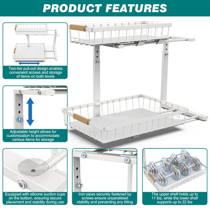 NATURE'S SOURCE Under Sink Organizers and Storage 2 Pack Height Adjustable 2 Tier Pull Out Cabinet Organizer Metal Slide Out Under Bathroom Kitchen Sink Organizers and Storage (White, 2 pack)