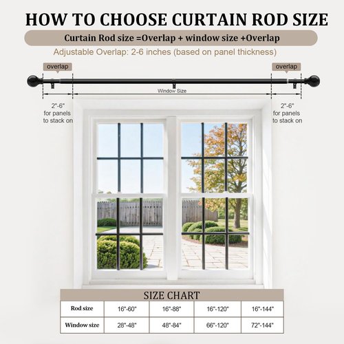 Black Curtain Rods for Windows 72 to 144 Inch 1" Diameter Heavy Duty Metal Adjustable Extra Long Blackout Traverse Window Treatment Rods with Decorative Finials Doorway Living Room Bedroom Kitchen
