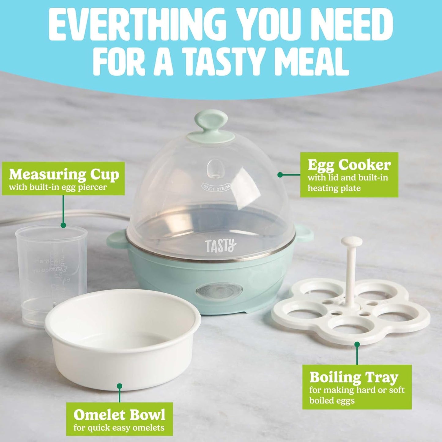 Tasty Mini Egg Cooker - 5-Egg Capacity for Perfect Hard Boiled Eggs & Omelets | Auto Shut Off, Aqua