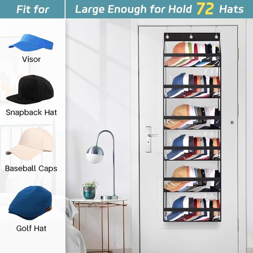 AOODA Clear Over The Door Hat Rack - Large Organizer for Up to 72 Baseball Caps | Black with 3 Hooks