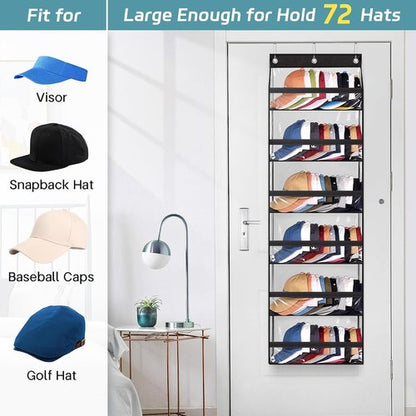 AOODA Clear Over The Door Hat Rack - Large Organizer for Up to 72 Baseball Caps | Black with 3 Hooks