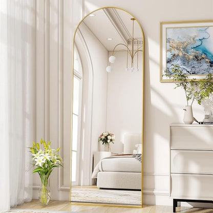 Arched Full-Length Floor Mirror with Gold Aluminum Frame — 59x16in, Free-Standing