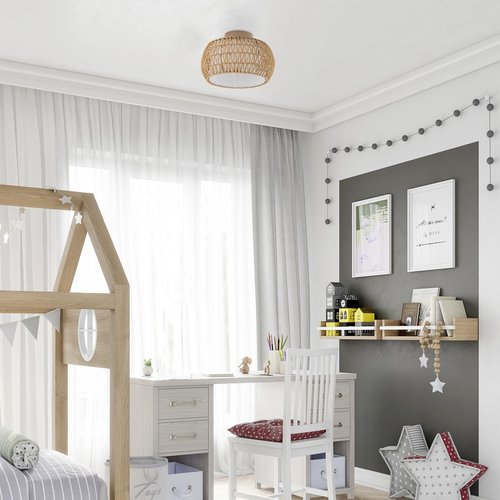 DSLITING Rattan Chandelier Boho Ceiling Light Fixtures Drum Flush Mount Ceiling Light Small Woven Chandelier for Kitchen Bedroom Hallway Nursery Light Fixture