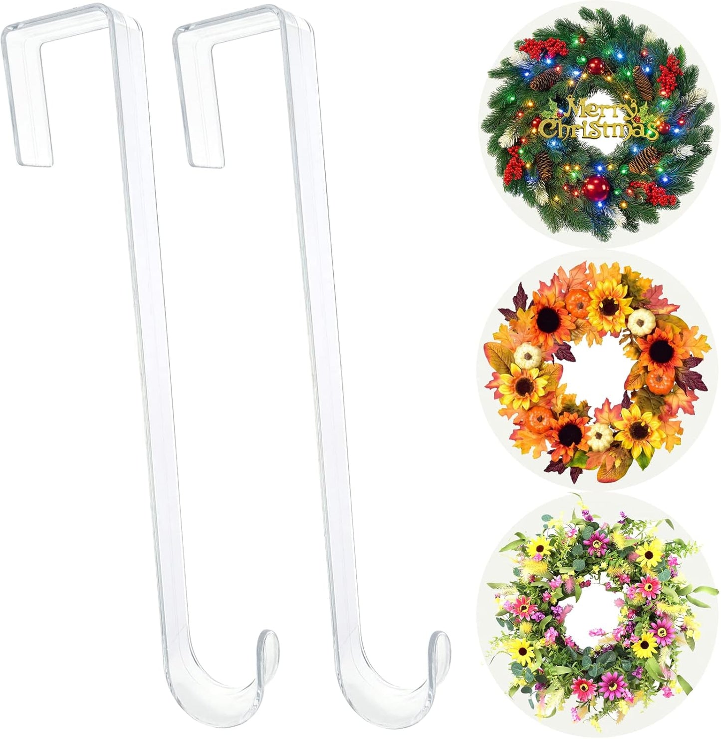 Skiennix Wreath Hanger - 12” Clear Over The Door Hooks for Easter & Christmas Decor | 2 Pack Non-Scratch Holders