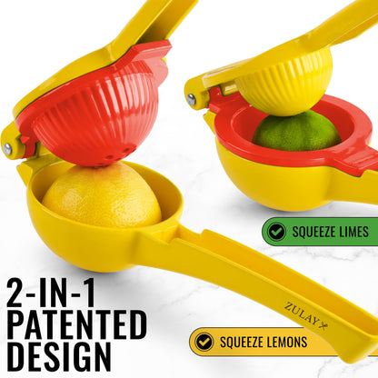 Zulay Metal 2-In-1 Lemon Squeezer Manual - Sturdy, Max Extraction Hand Juicer Lemon Squeezer Gets Every Last Drop - Easy to Clean Manual Citrus Juicer - Easy-to-Use Lemon Juicer Squeezer - Yellow/Red